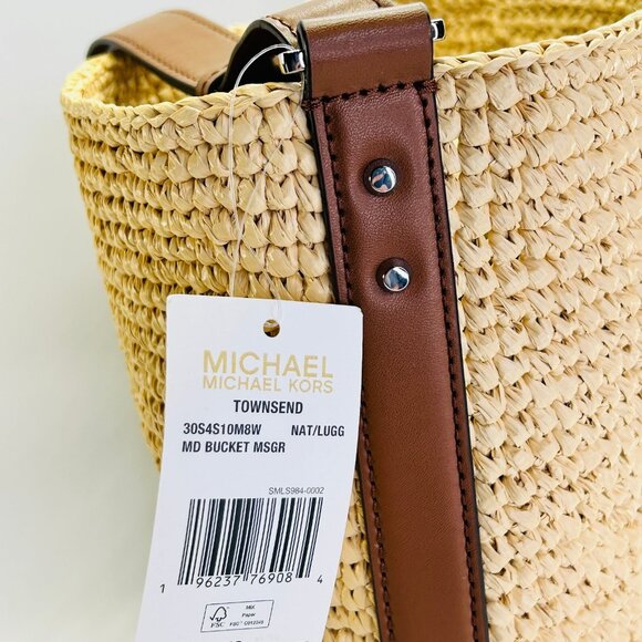 MICHAEL Michael Kors Townsend Straw Bucket Bag Tan Raffia Leather Tote - Picture 5 of 16